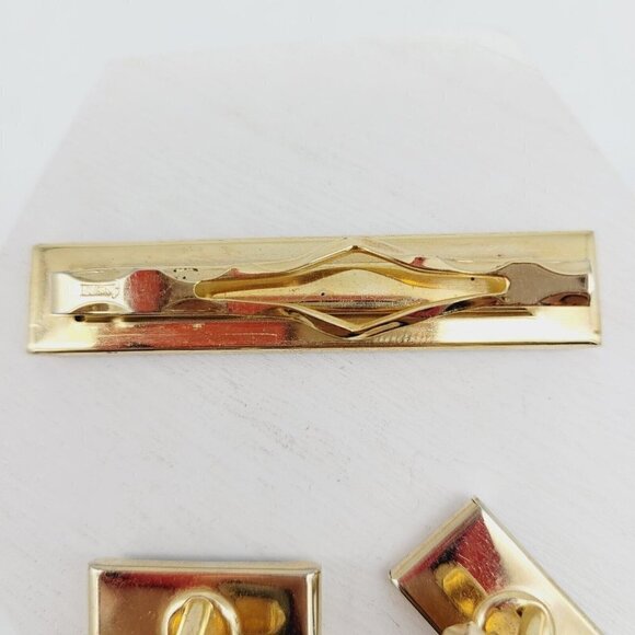 Vintage Anson Leather Tie Clip & Cufflinks Set Gold Tone Snakeskin Pattern VGC - Picture 4 of 7